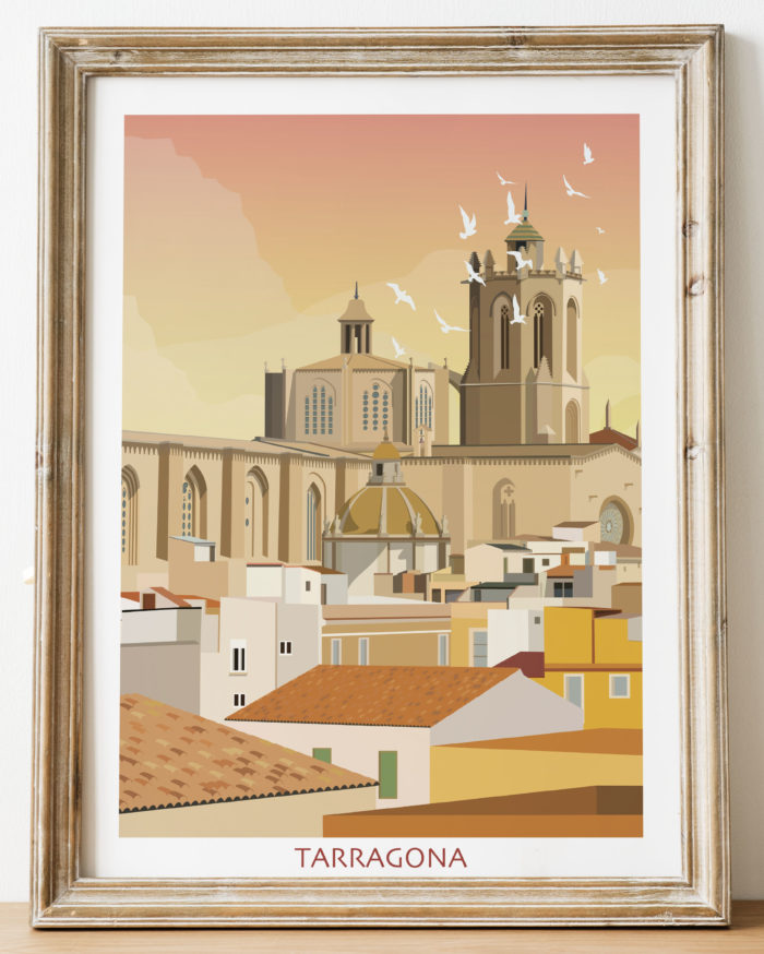 Poster vintage de los techos de Tarragona con catedral